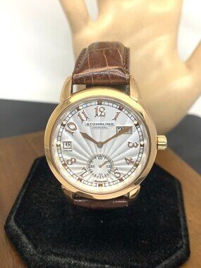 Stuhrling Men's Watch Automatic Silver Dial Rose Gold Brown Leather Strap 40mm